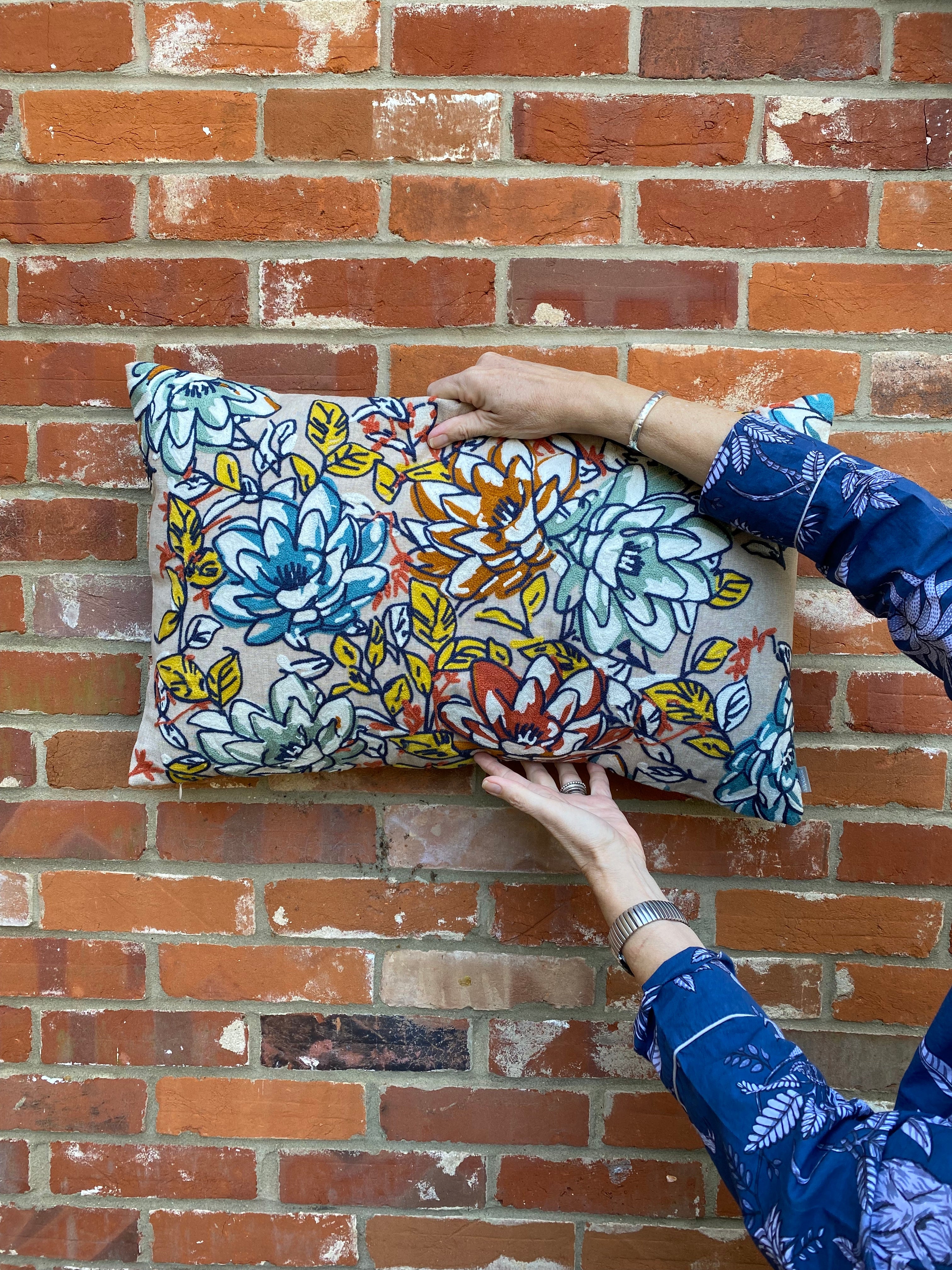 Embroidered Oblong Floral Cushion